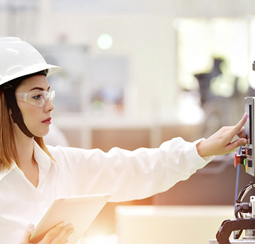 Female student pressing button