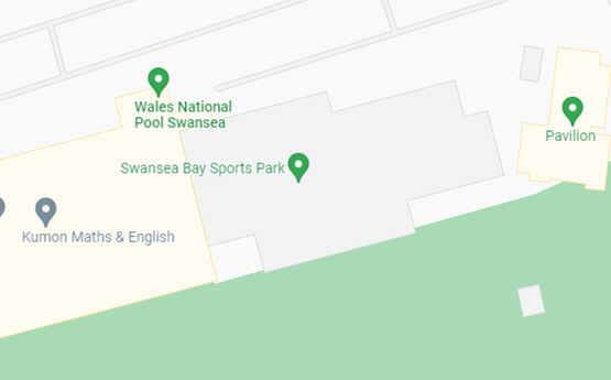 Map yn dangos lleoliad Parc Chwaraeon Bae Abertawe