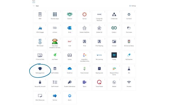 Screenshot of the MyApps web page with the MyEngagement button highlighted.