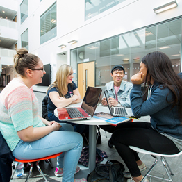 group of student sitting around a table on laptops