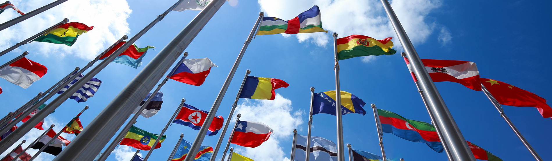 International flags against blue sky