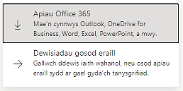 Sgrinlun o gwymplen sy'n dangos yr opsiynau 'Apiau Office 365' a 'Dewisiadau gosod eraill.' Mae'r opsiwn 'Apiau Office 365' wedi'i dethol.