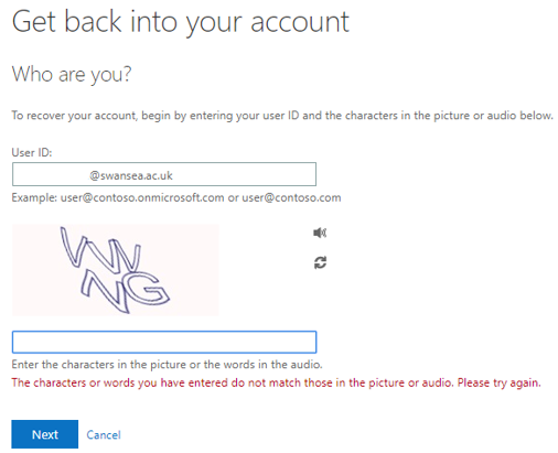 Sgrinlun sy'n dangos yr anogwr 'Get back into your account', gan gynnwys y neges ganlynol: 