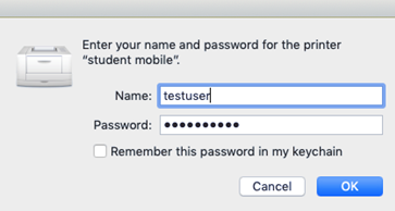 Login screen for mobile printing on a mac