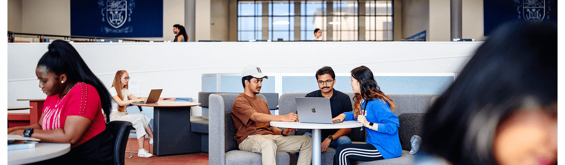 Groups of international students sitting at the library (picture description)