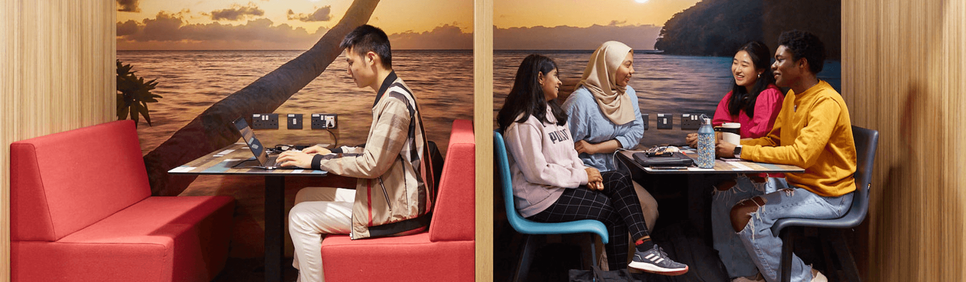 Students studying in pods at the Swansea Social Hideaway